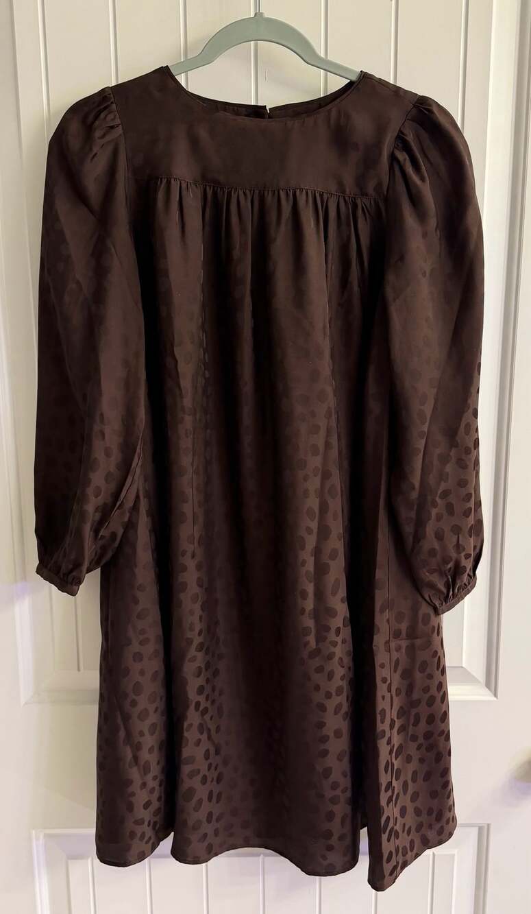 Ann Taylor Midi Dress Size XS Brown Polka Dot Puff Sleeve Jacquard